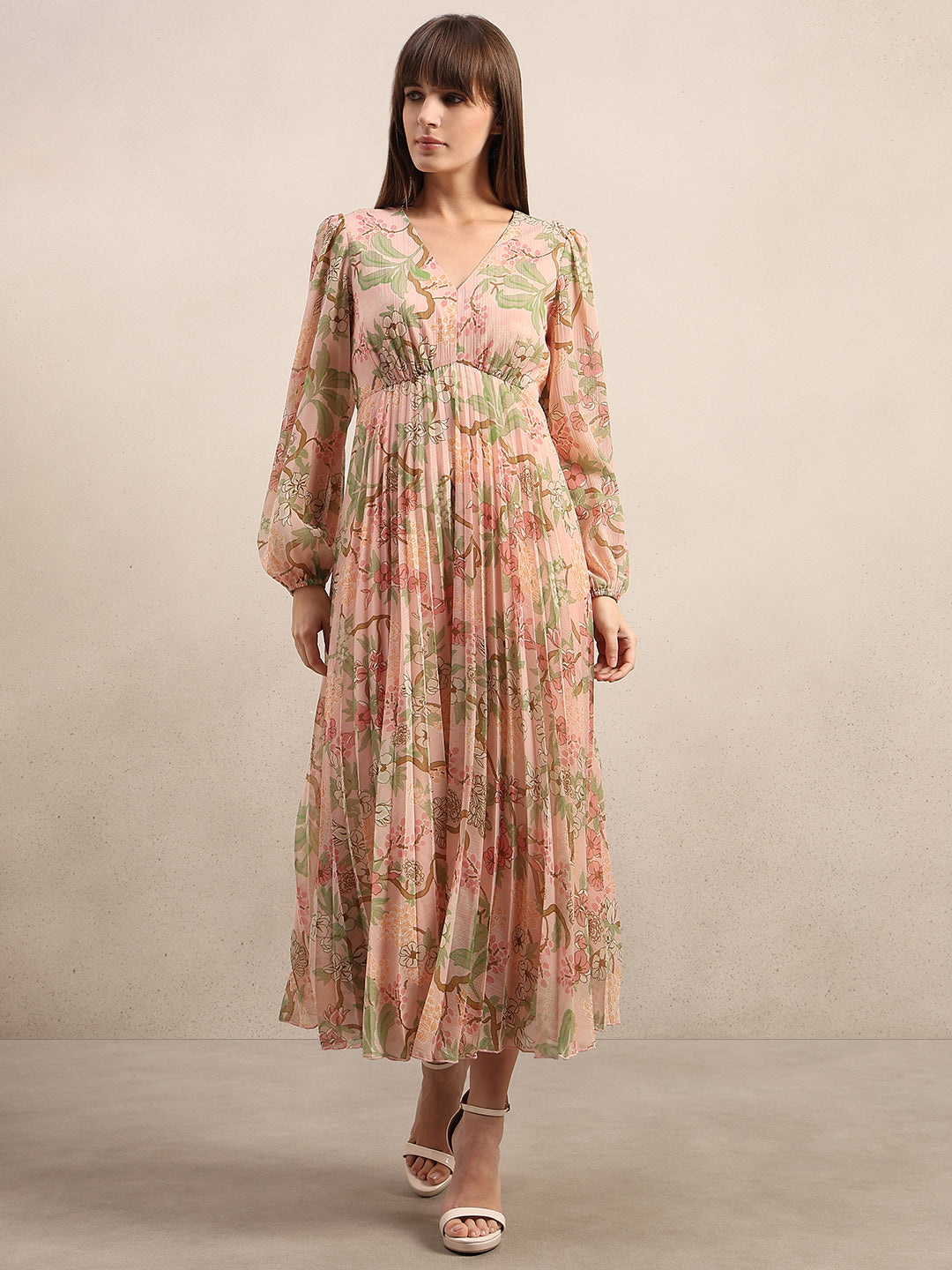 Pleated Floral V-Neck Dress