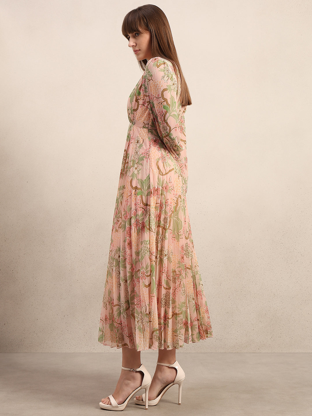 Pleated Floral V-Neck Dress