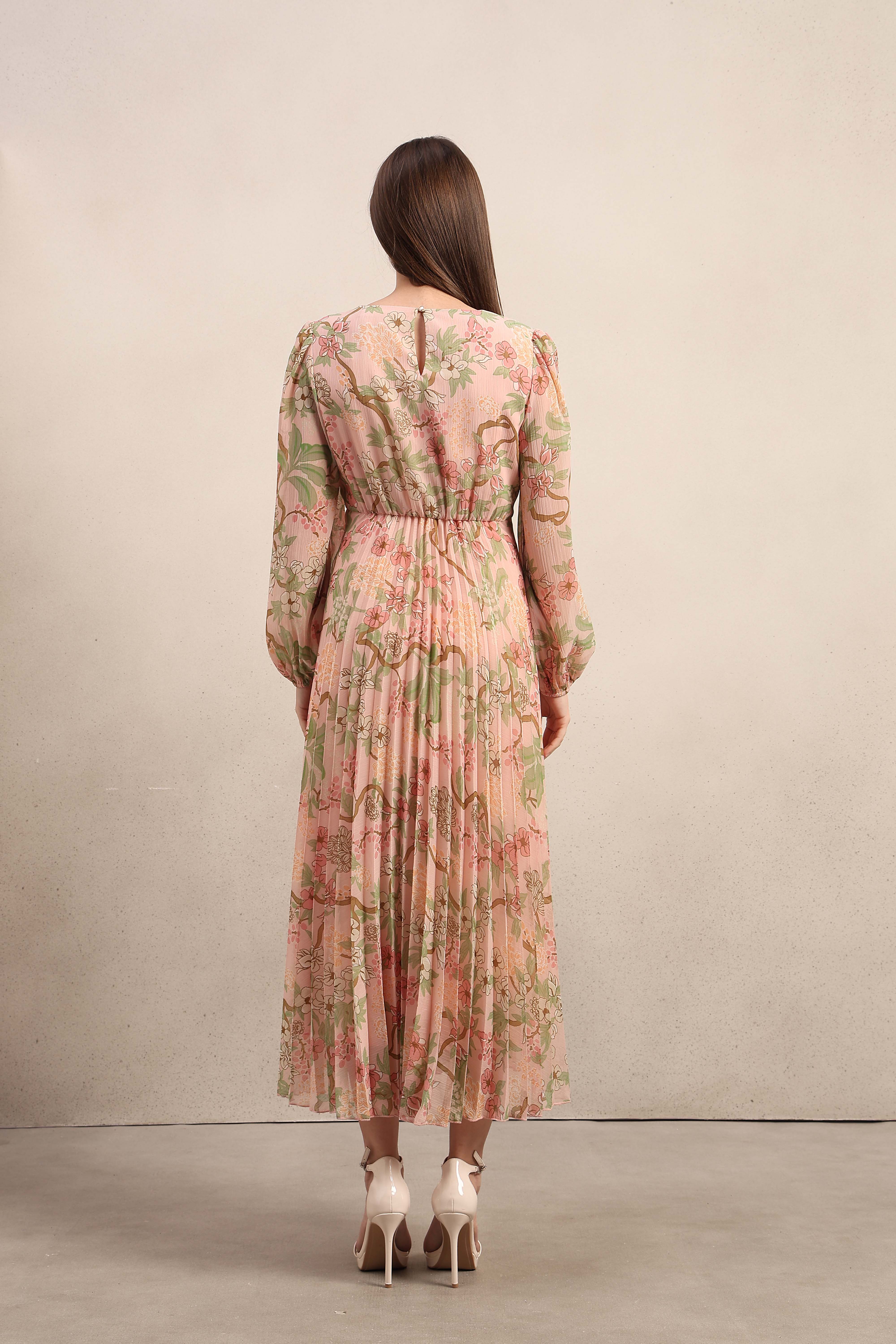 Pleated Floral V-Neck Dress