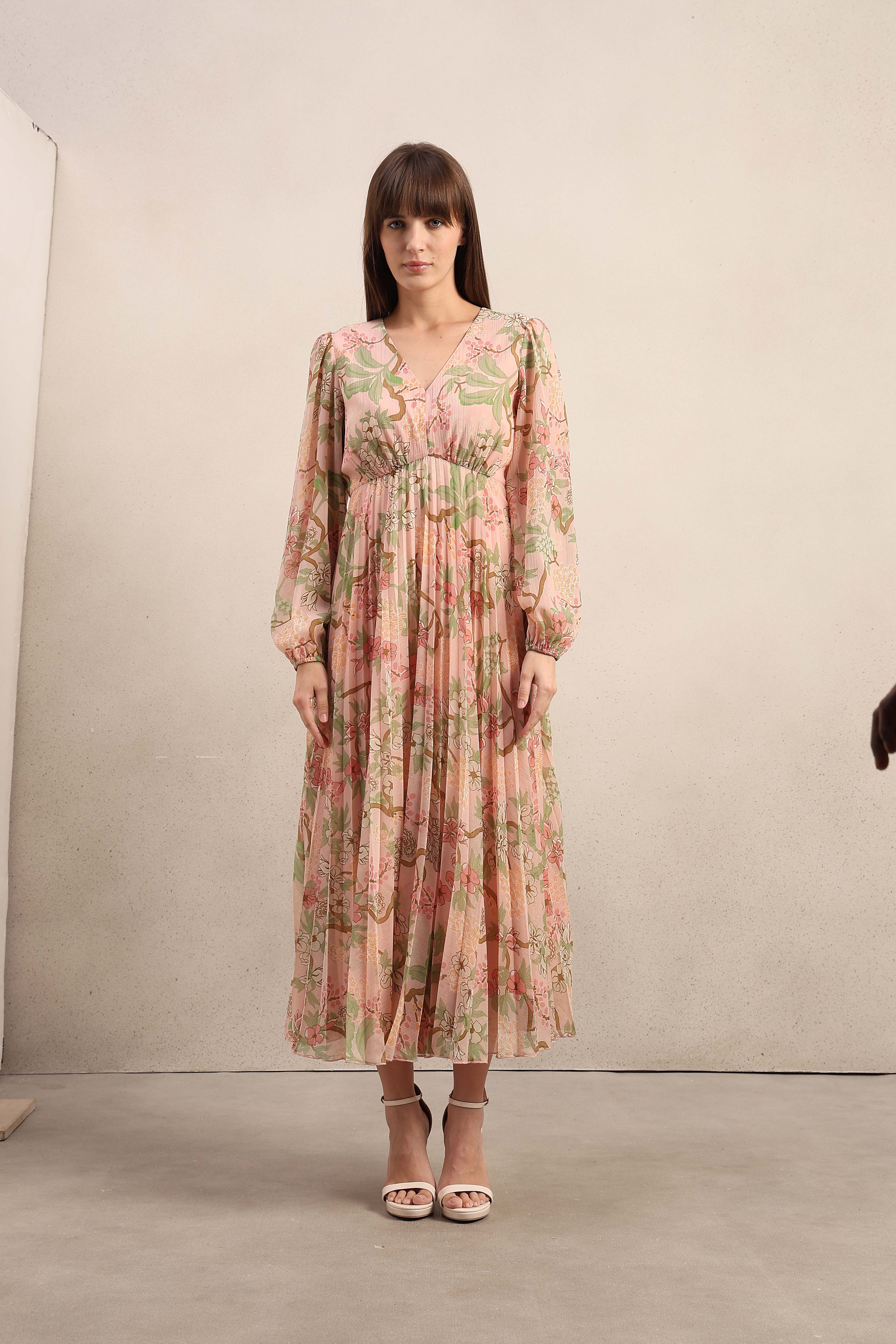 Pleated Floral V-Neck Dress