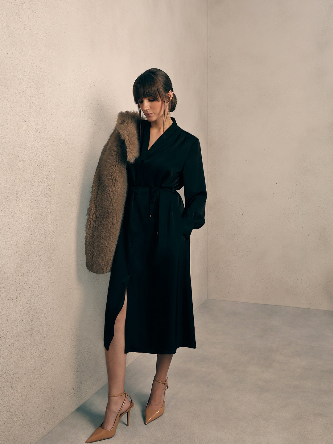 Satin V-Neck Midi Dress