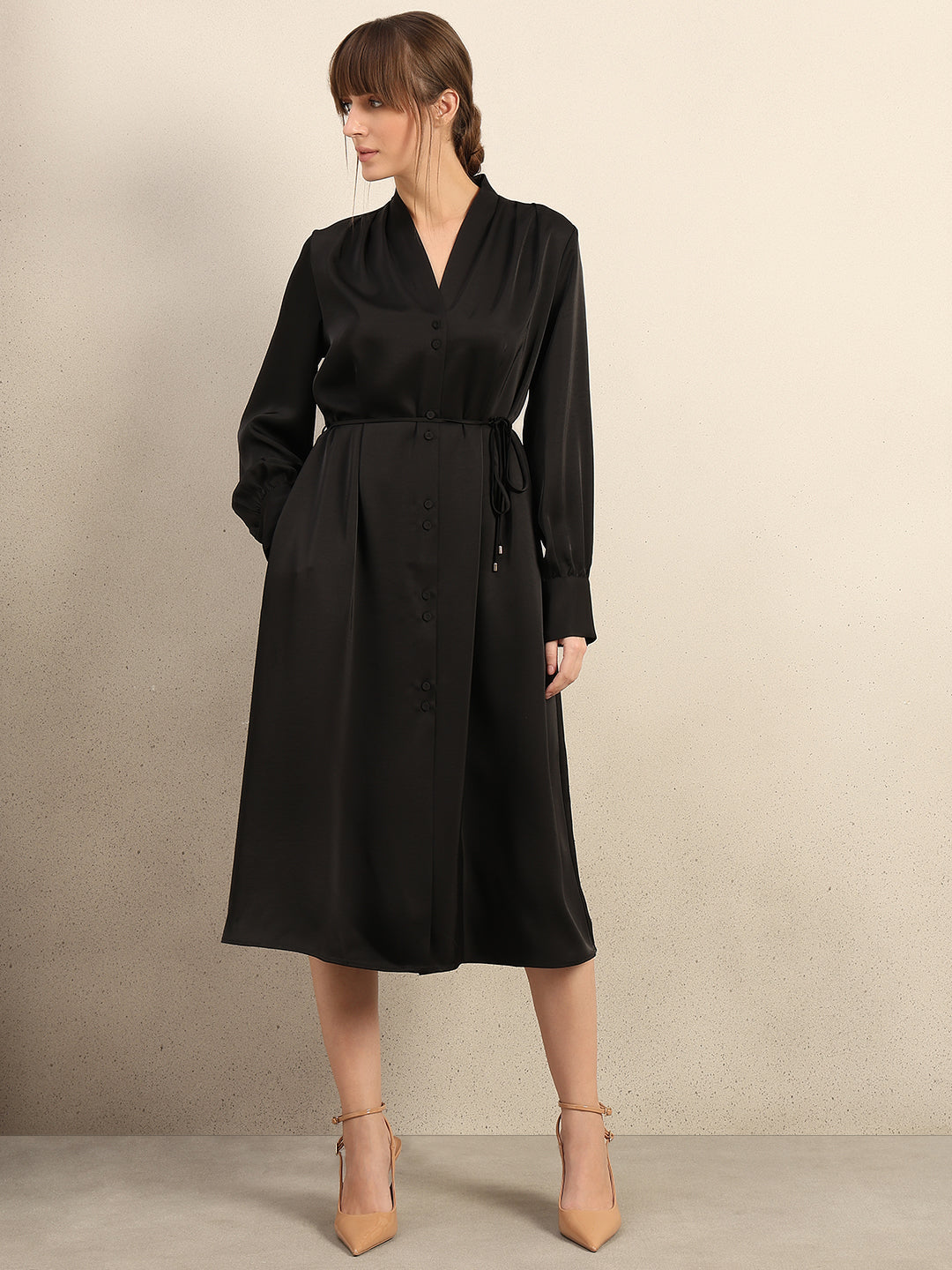 Satin V-Neck Midi Dress