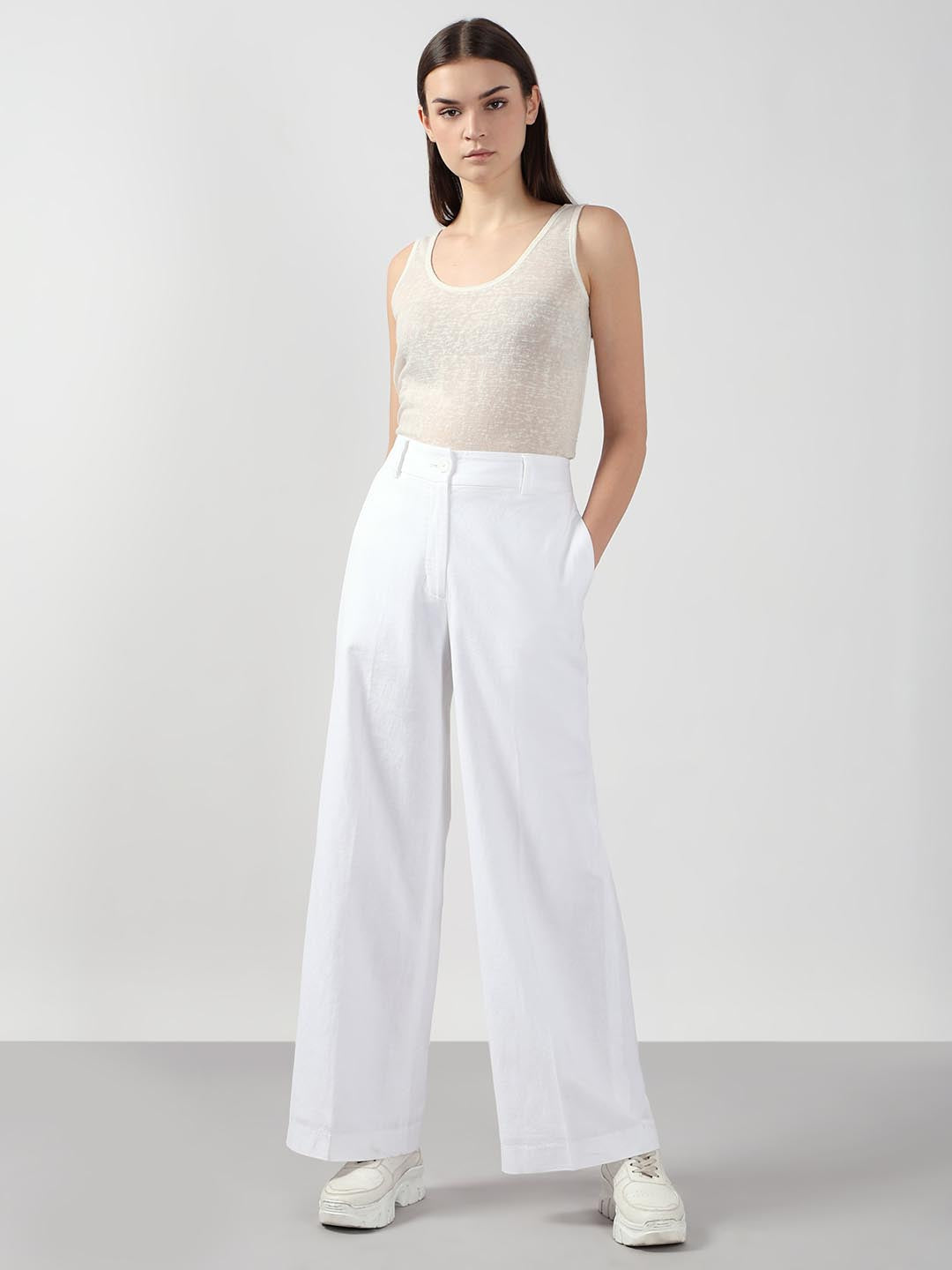 White Mid Rise Straight Fit Pants