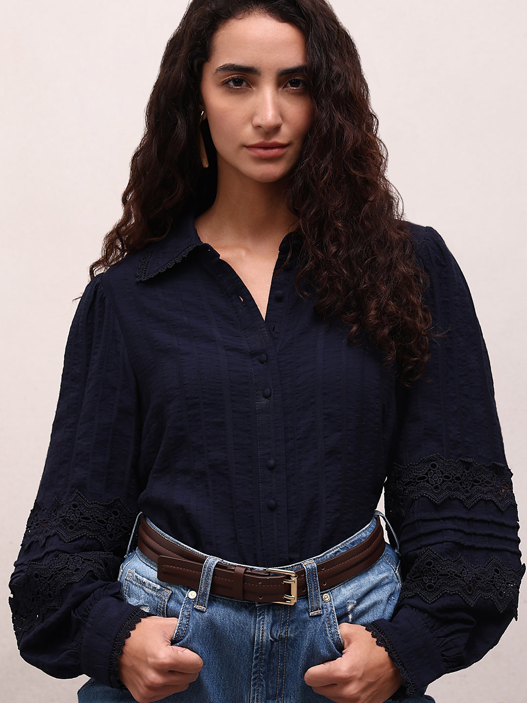 Navy Blue Lace Detail Shirt