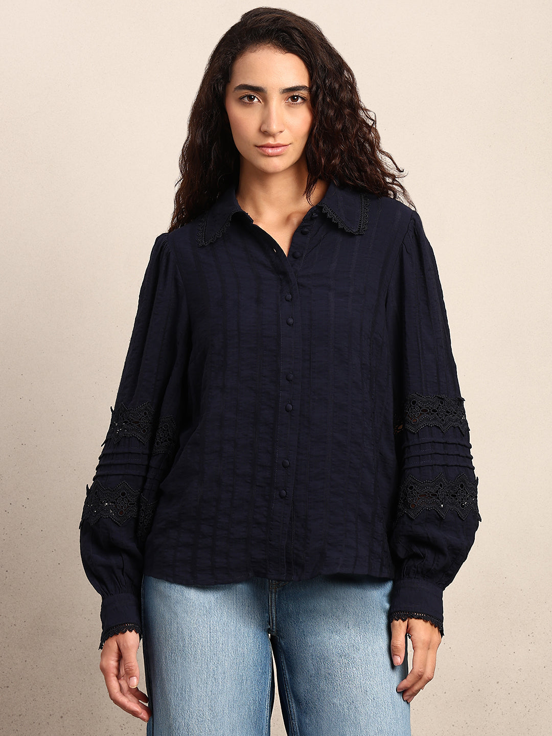Navy Blue Lace Detail Shirt