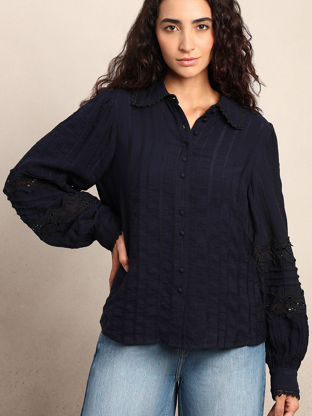 Navy Blue Lace Detail Shirt