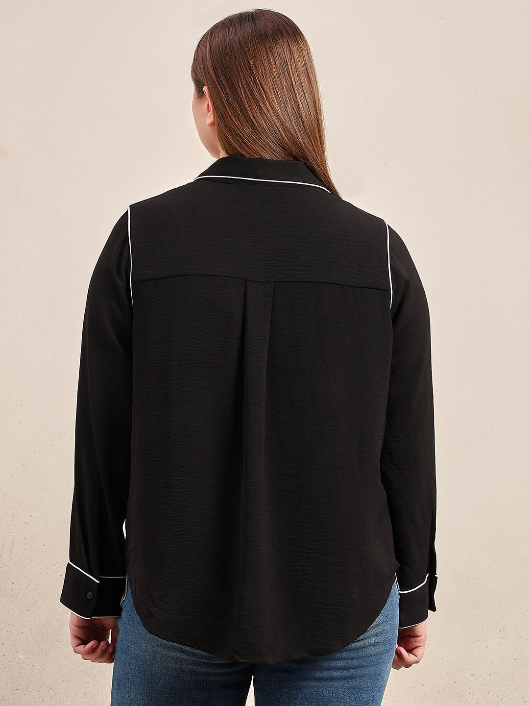 Curve Contrast Piping Shirt - Black