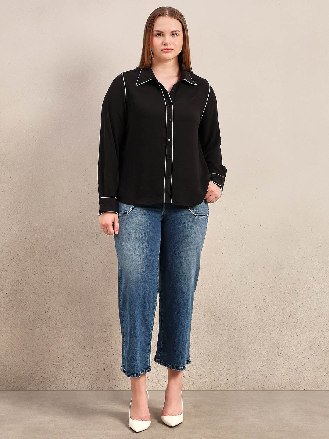 Curve Contrast Piping Shirt - Black