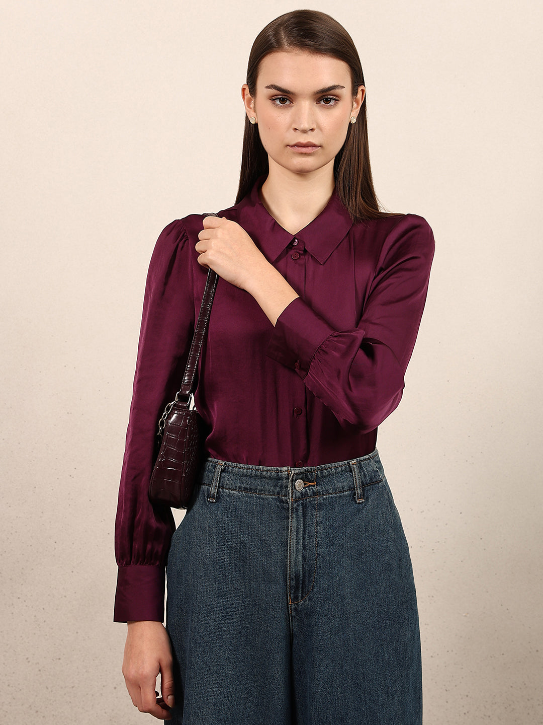 Maroon Satin Cuff Sleeves Shirt - XS
