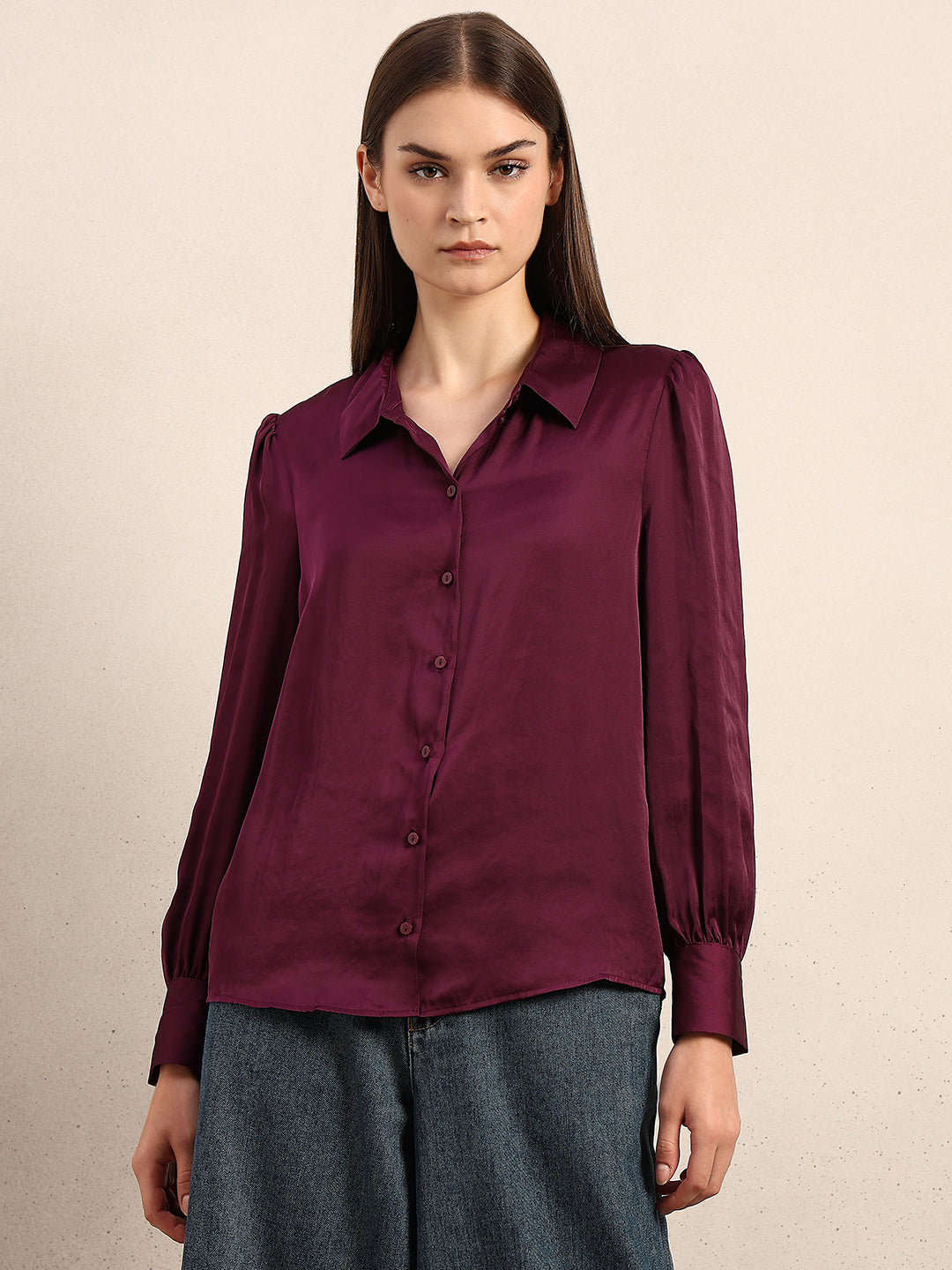 Maroon Satin Cuff Sleeves Shirt