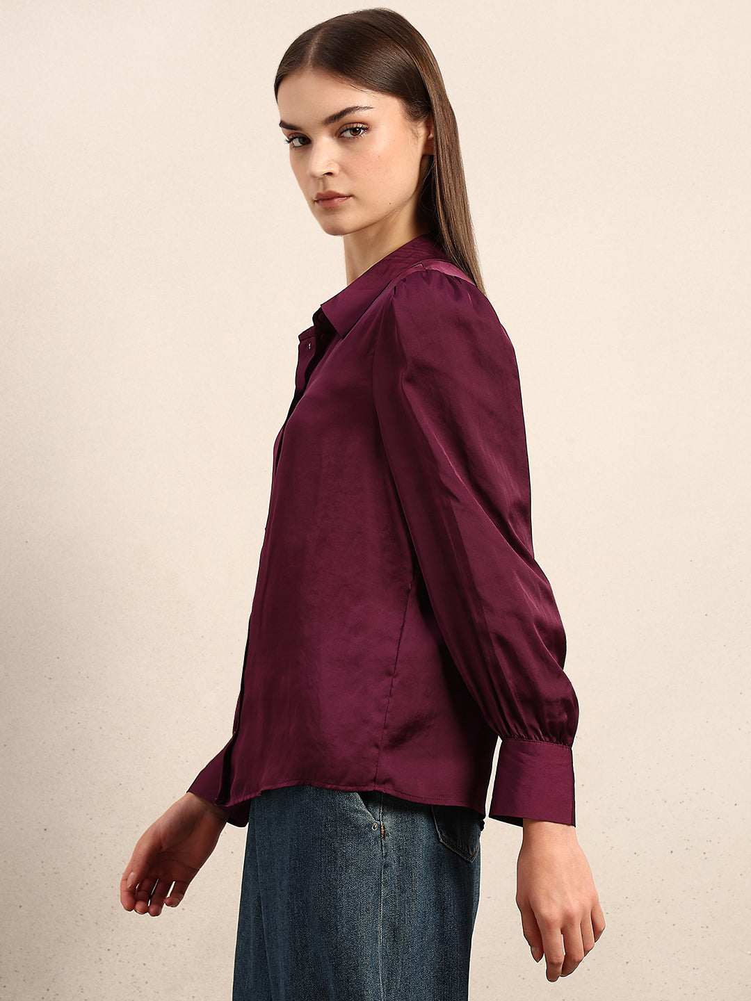 Maroon Satin Cuff Sleeves Shirt