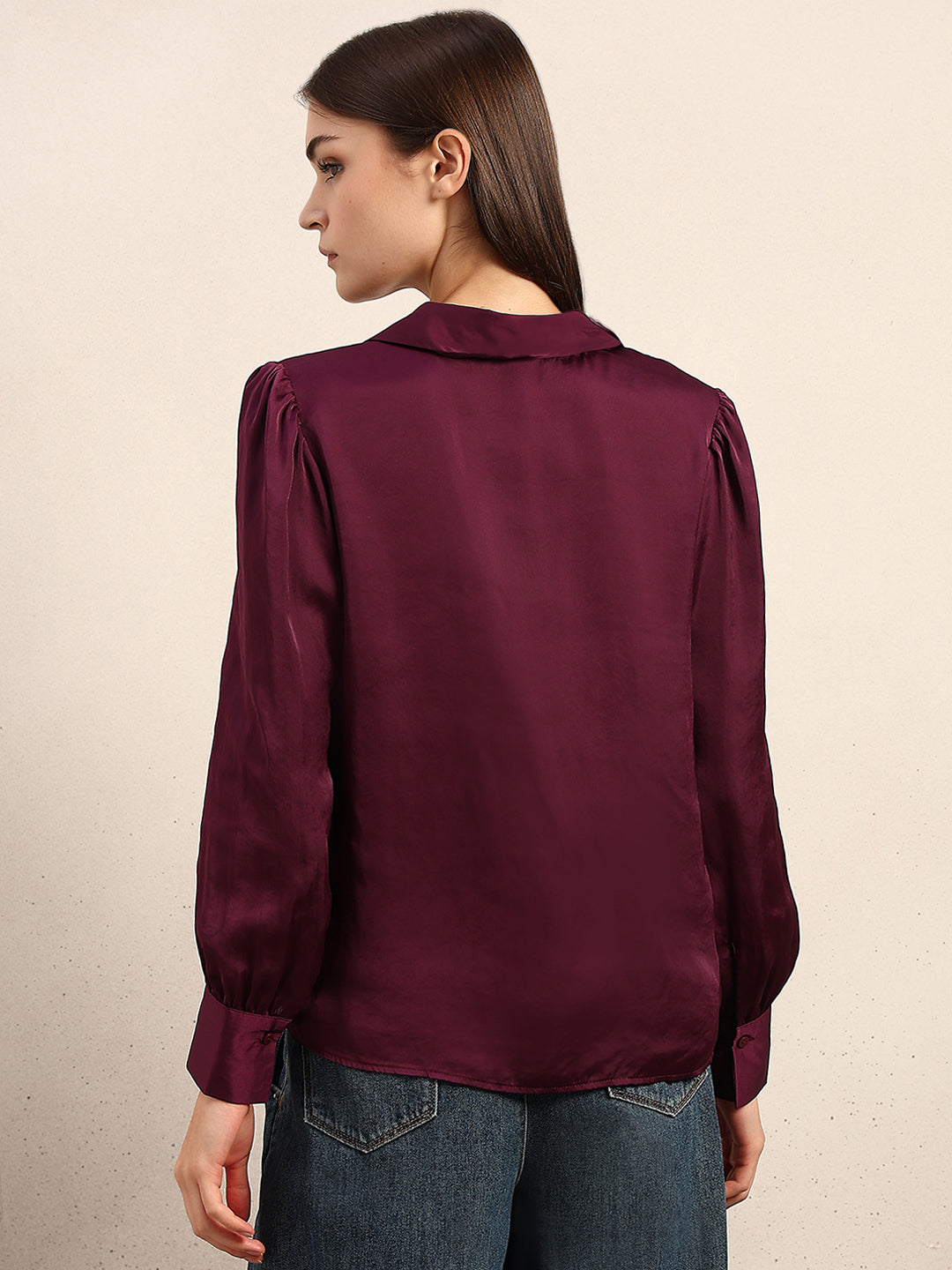 Maroon Satin Cuff Sleeves Shirt