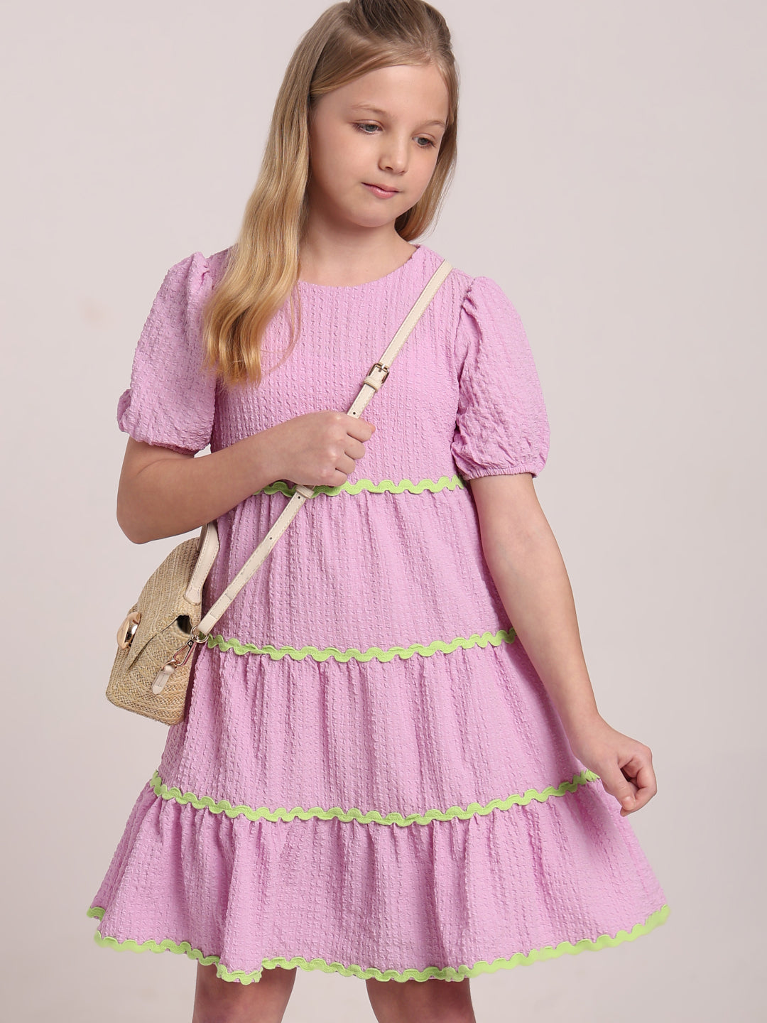 GIRLS Lilac Puff Sleeves Tiered Dress