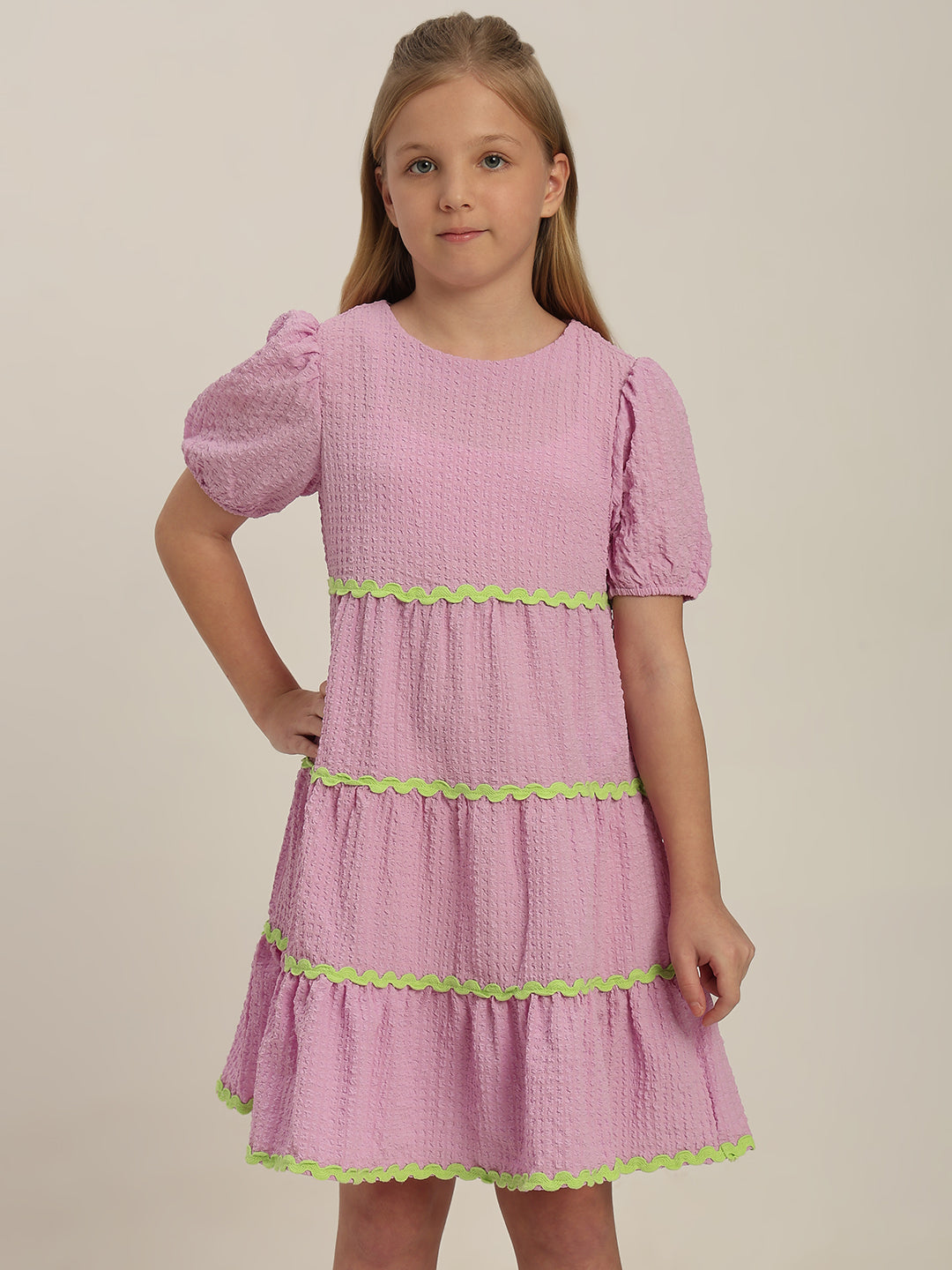 GIRLS Lilac Puff Sleeves Tiered Dress
