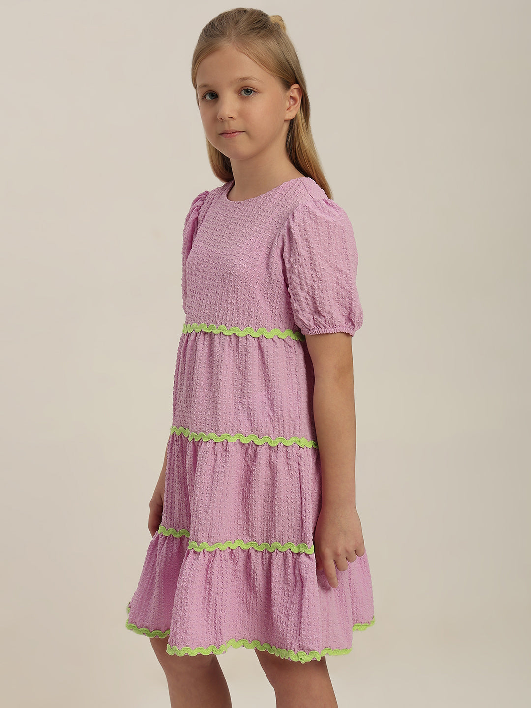 GIRLS Lilac Puff Sleeves Tiered Dress