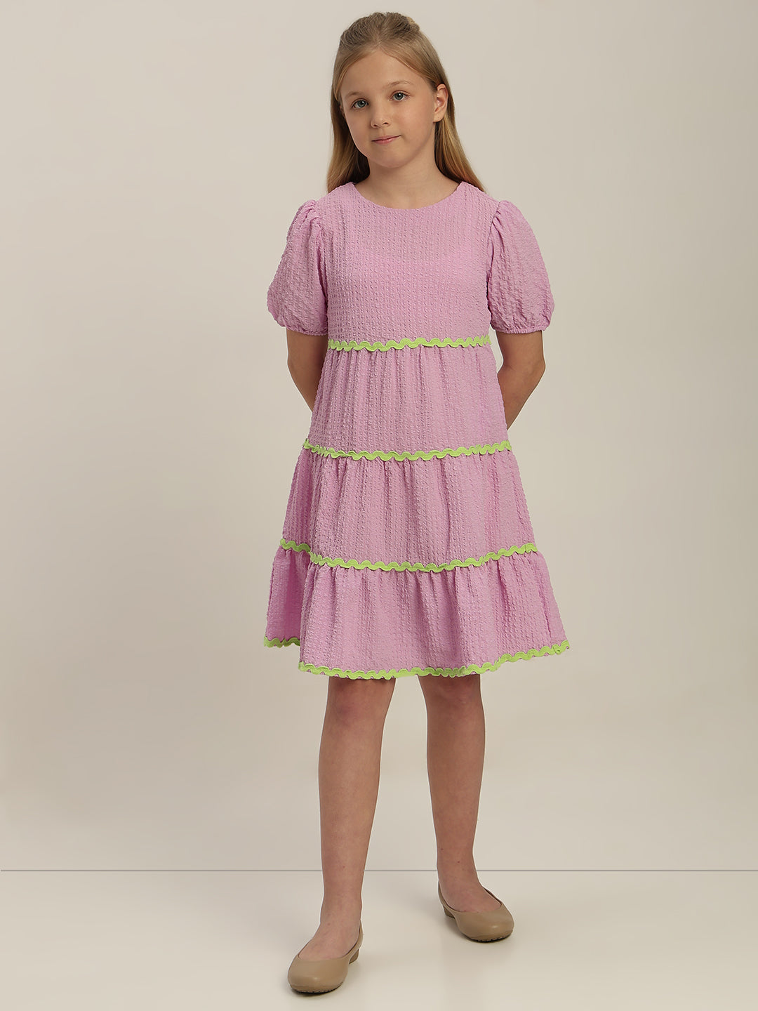GIRLS Lilac Puff Sleeves Tiered Dress