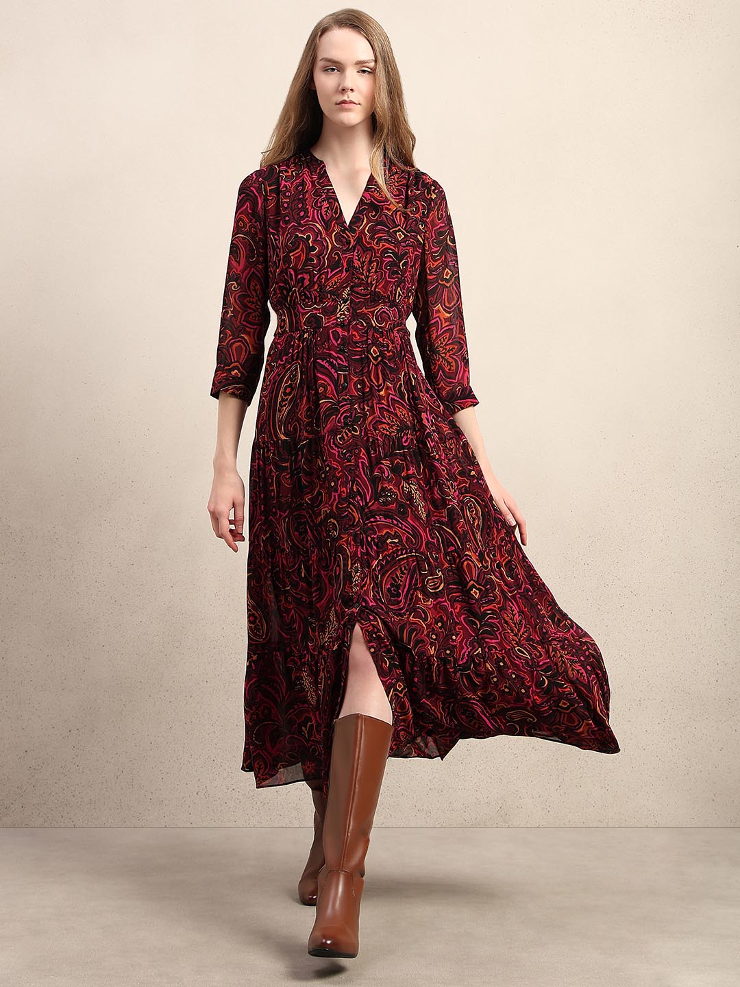 Maroon Printed V-Neck Dress