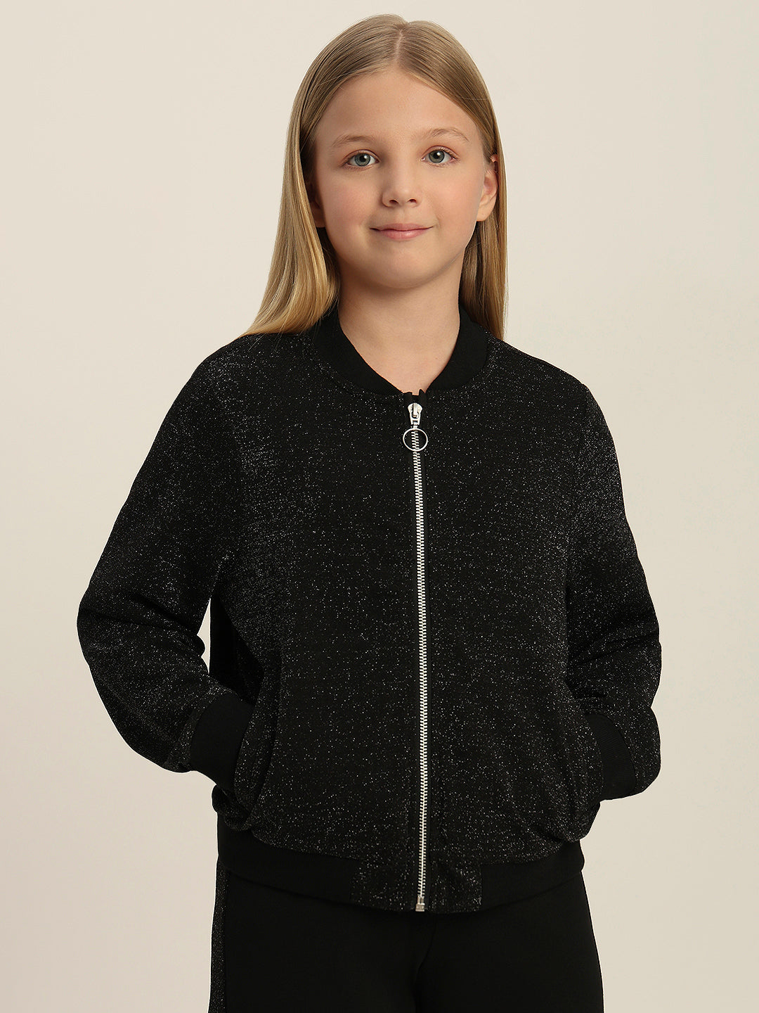 Girls Black Glitter Bomber Jacket