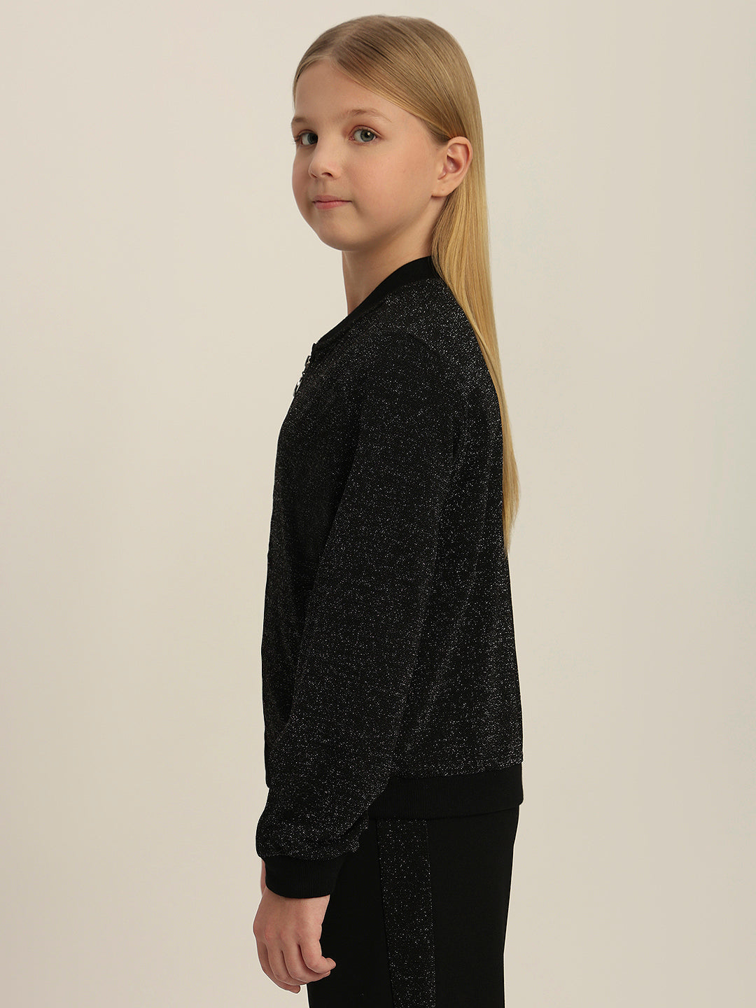 Girls Black Glitter Bomber Jacket