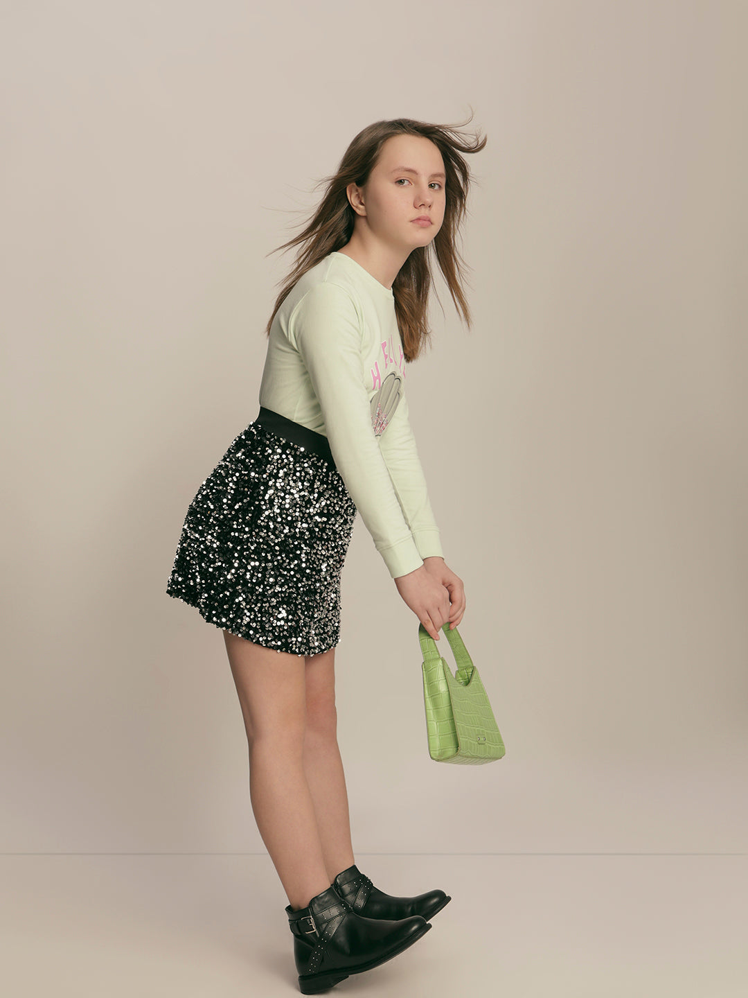 Girls Black Sequin Mini Skirt