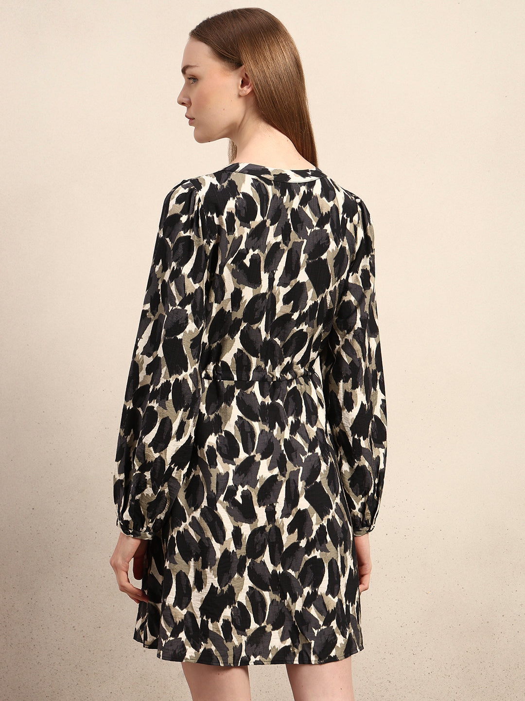 Abstract Animal Print Short Dress - Black