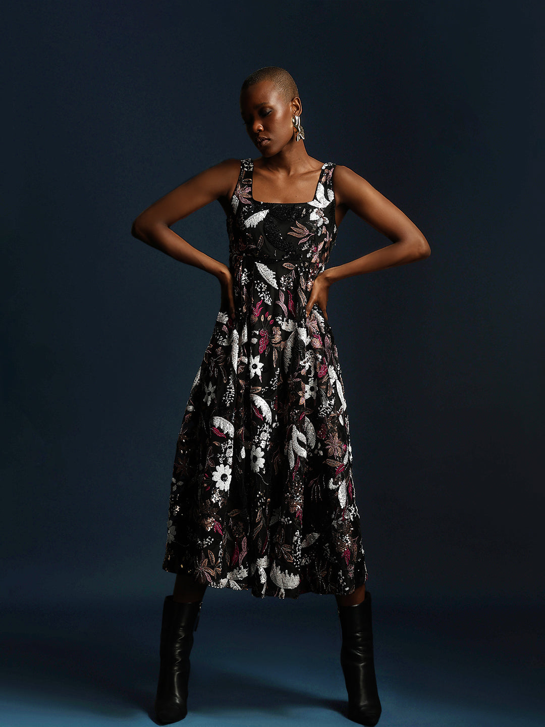 Marquee Black Floral Midi Dress