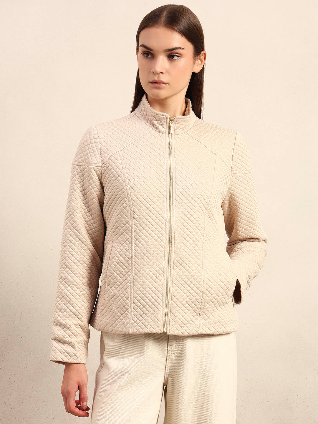 Cream Quilted Zip Jacket