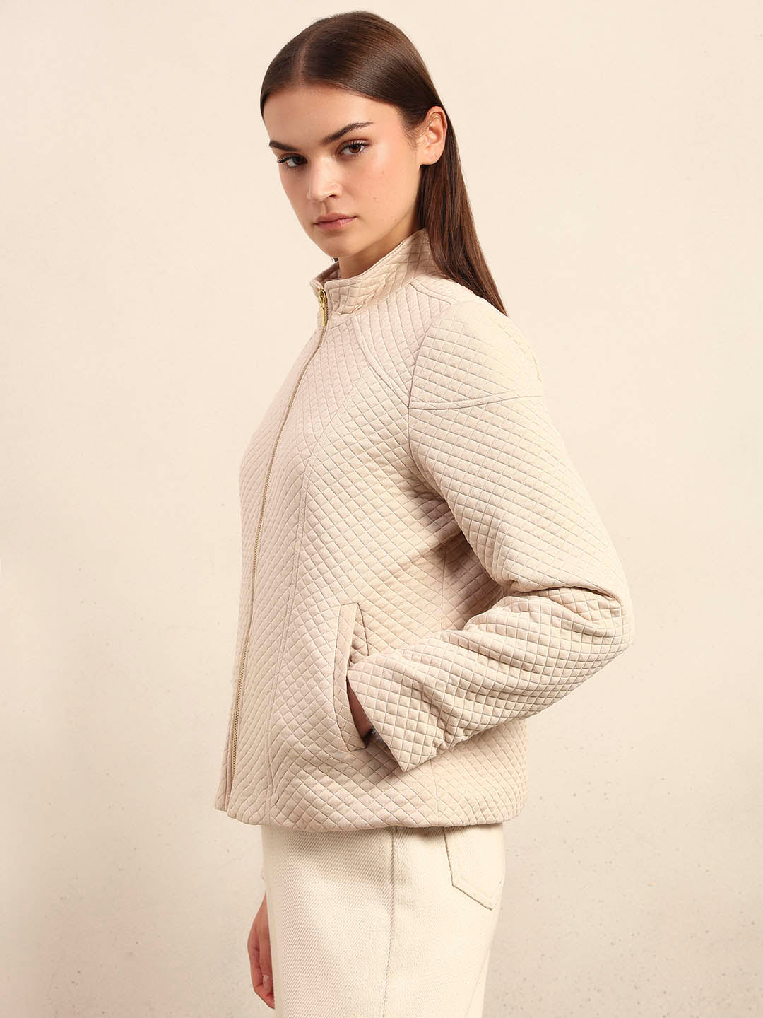 Cream Quilted Zip Jacket