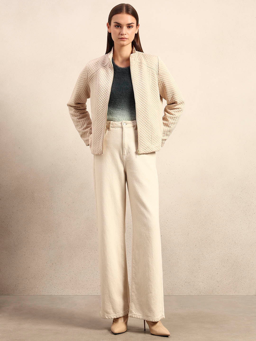 Cream Quilted Zip Jacket