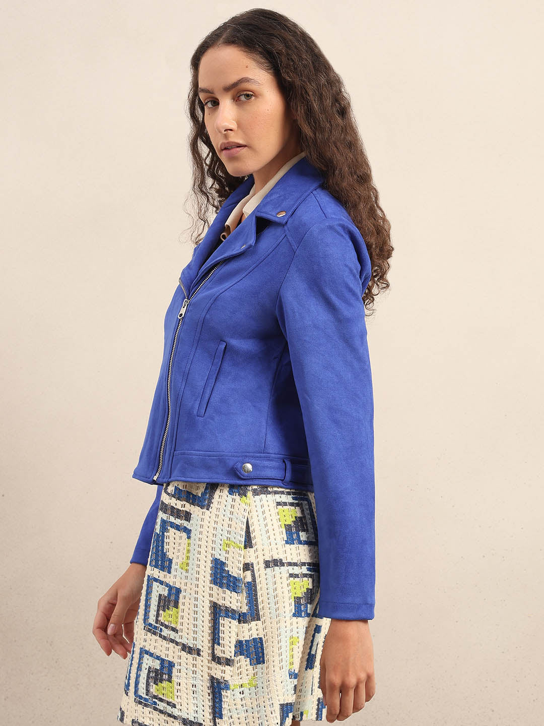 Blue Faux Suede Biker Jacket