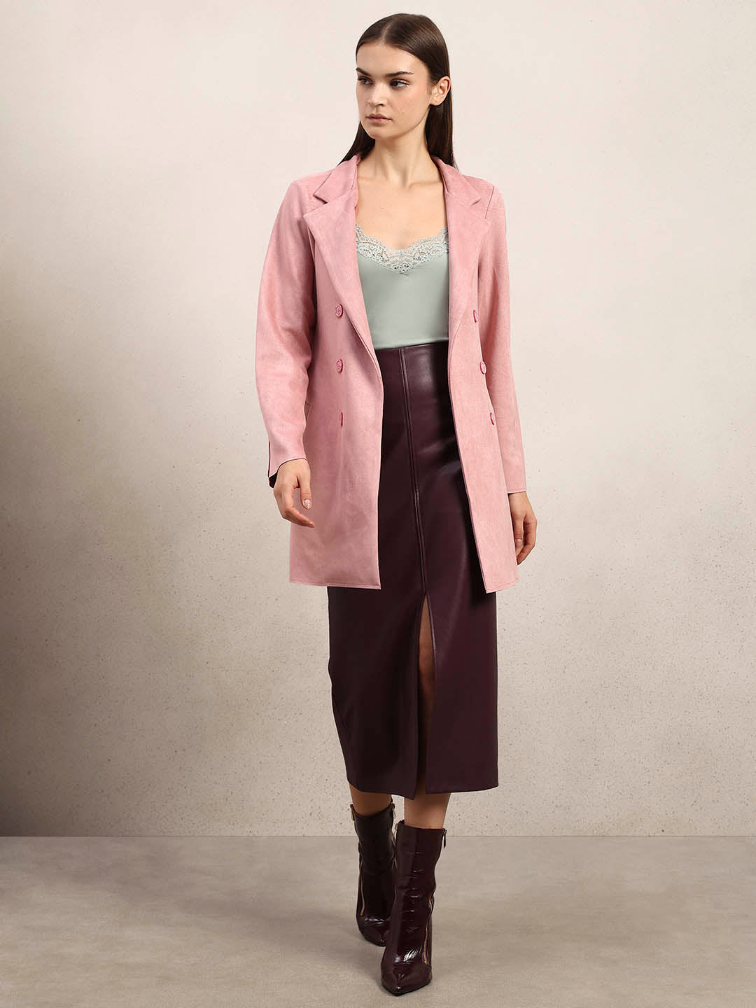 Pink Long Faux Suede Coat