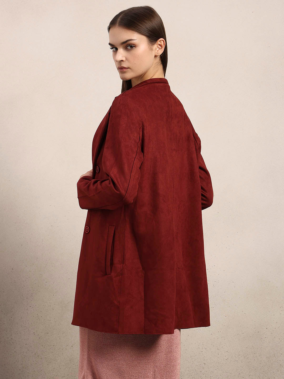 Reddish Brown Long Faux Suede Coat
