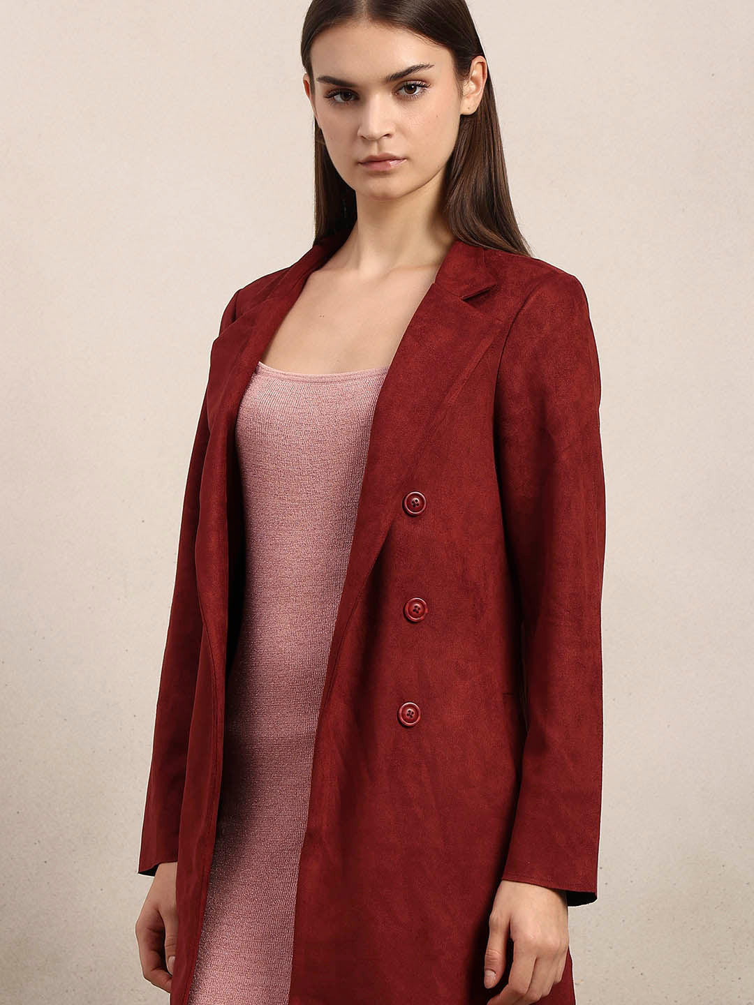 Reddish Brown Long Faux Suede Coat