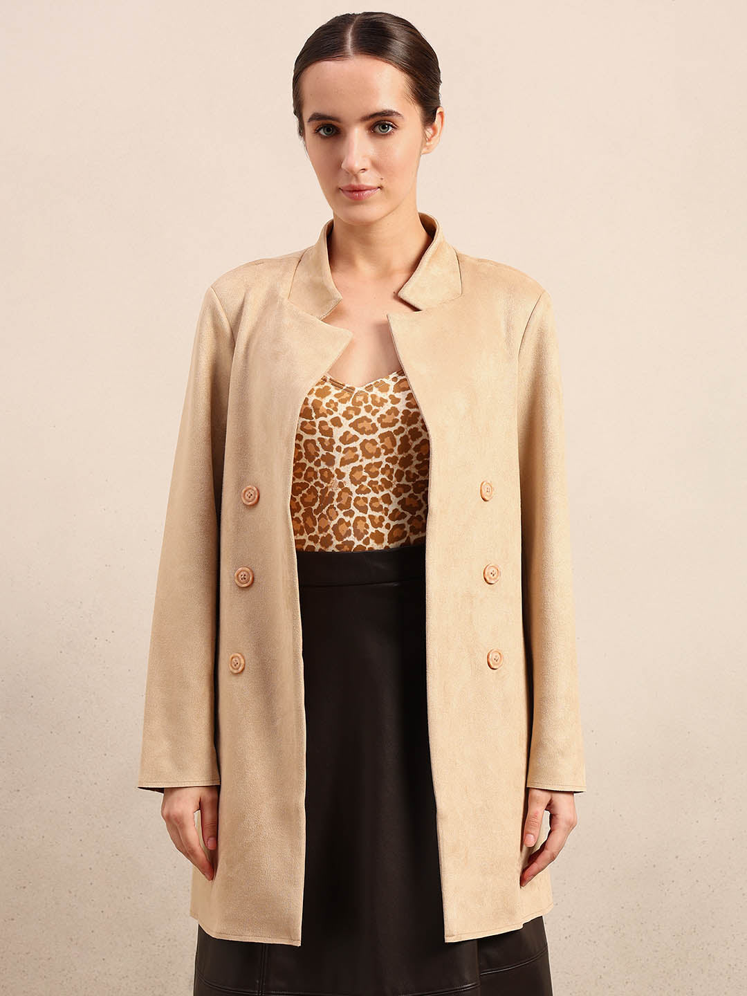 Beige Long Faux Suede Coat