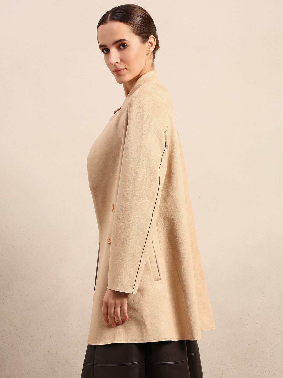 Beige Long Faux Suede Coat