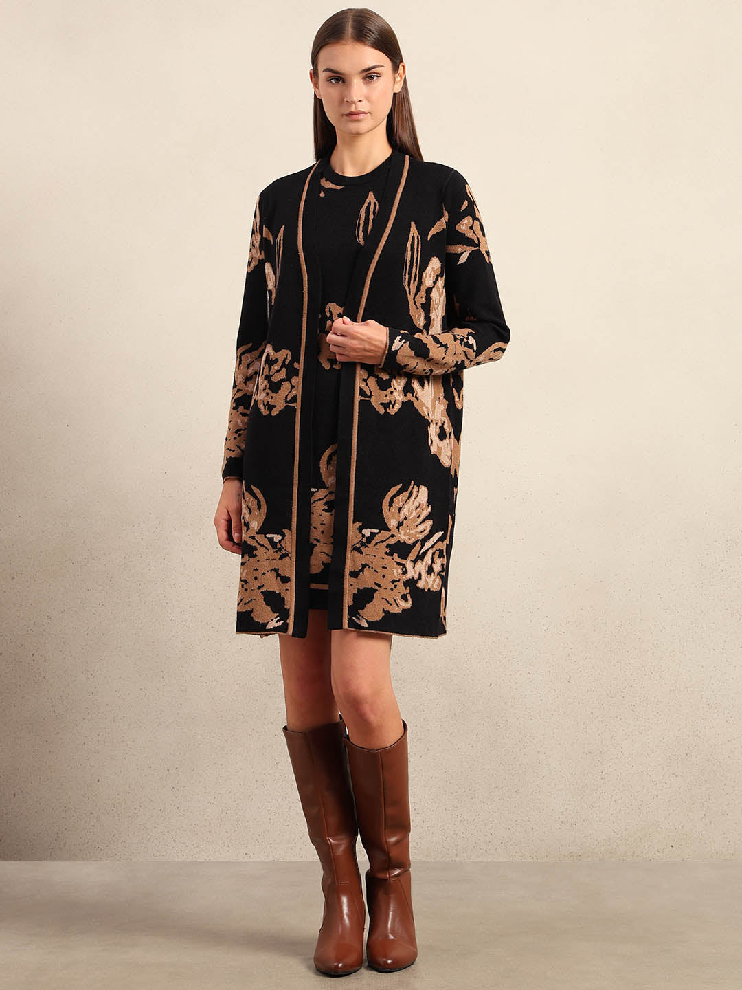 Long Floral Front Open Cardigan