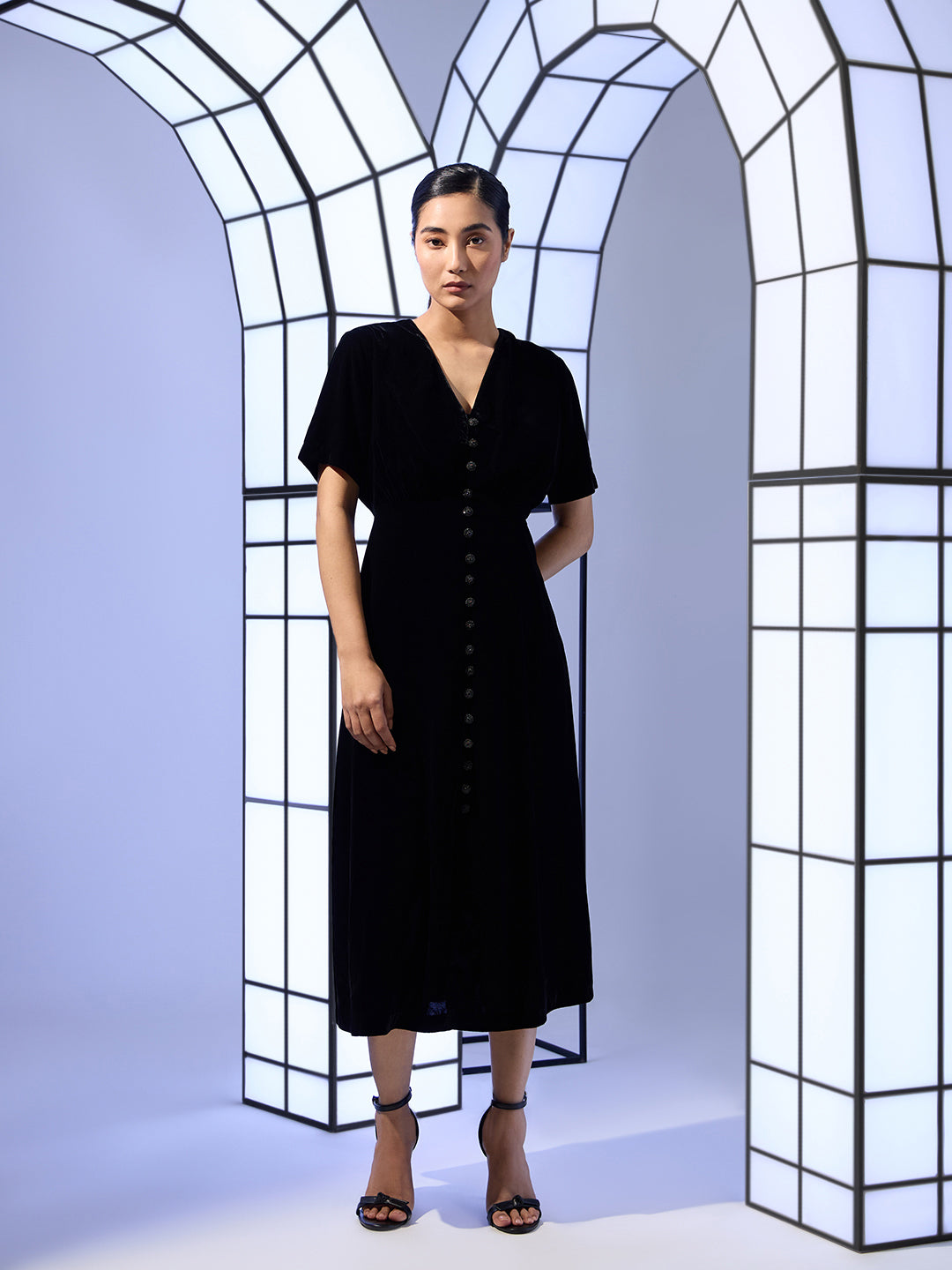 Velour Button Front Midi Dress