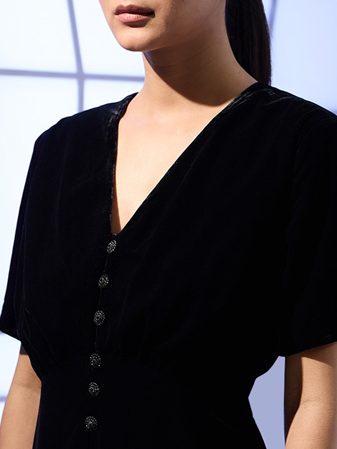 Velour Button Front Midi Dress