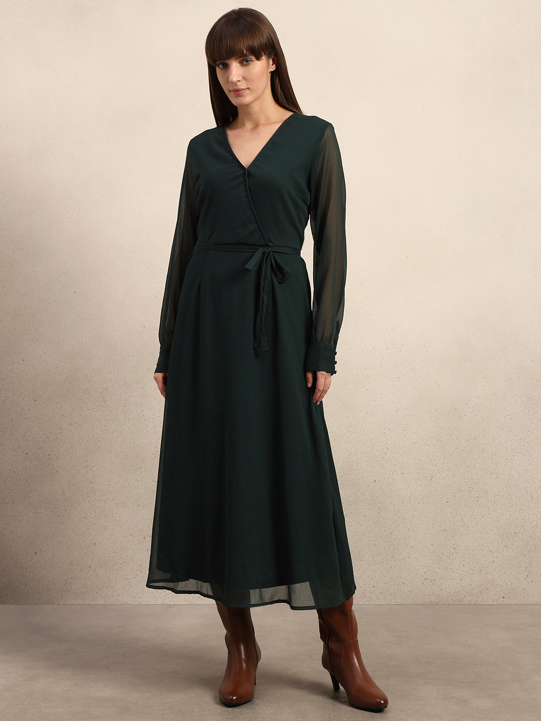 Sheer Sleeves Chiffon Midi Dress