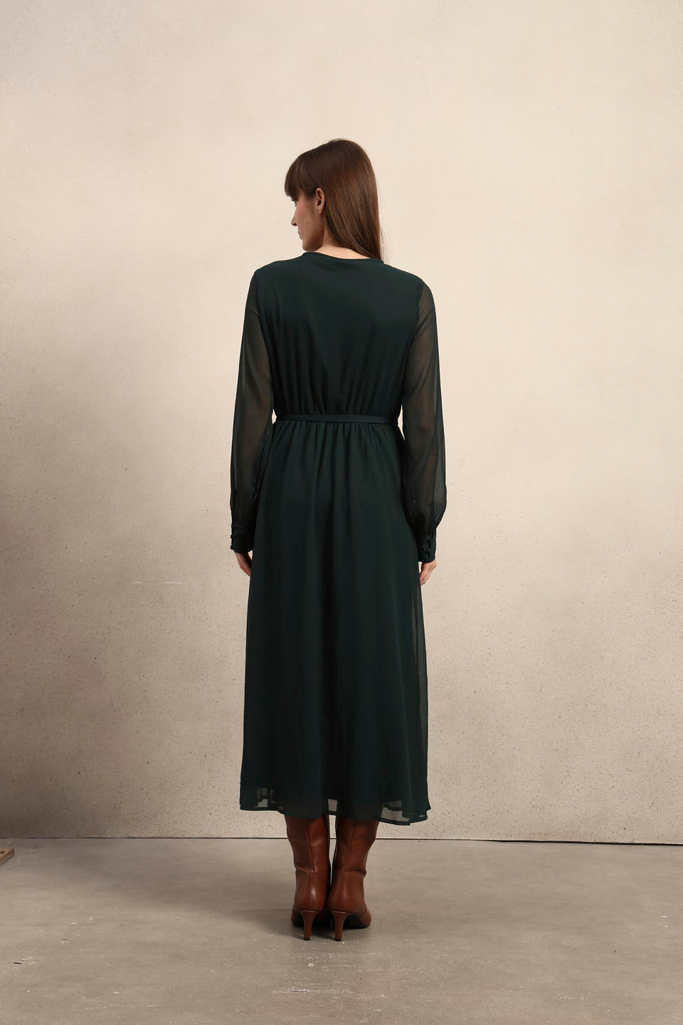 Sheer Sleeves Chiffon Midi Dress