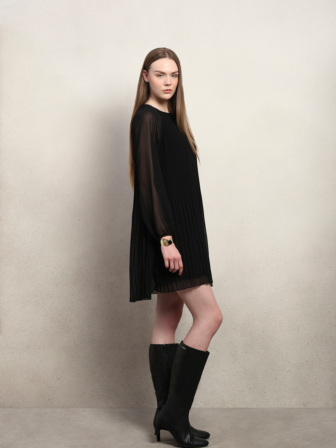 Black Pleated Sheer Dress