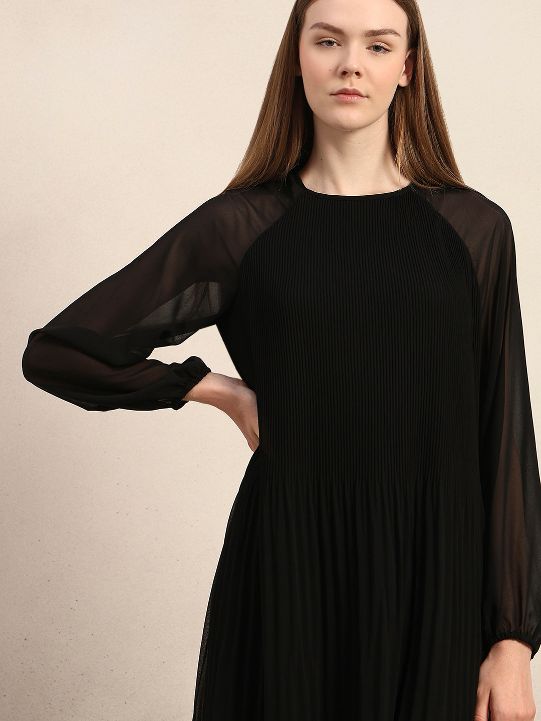 Black Pleated Sheer Dress