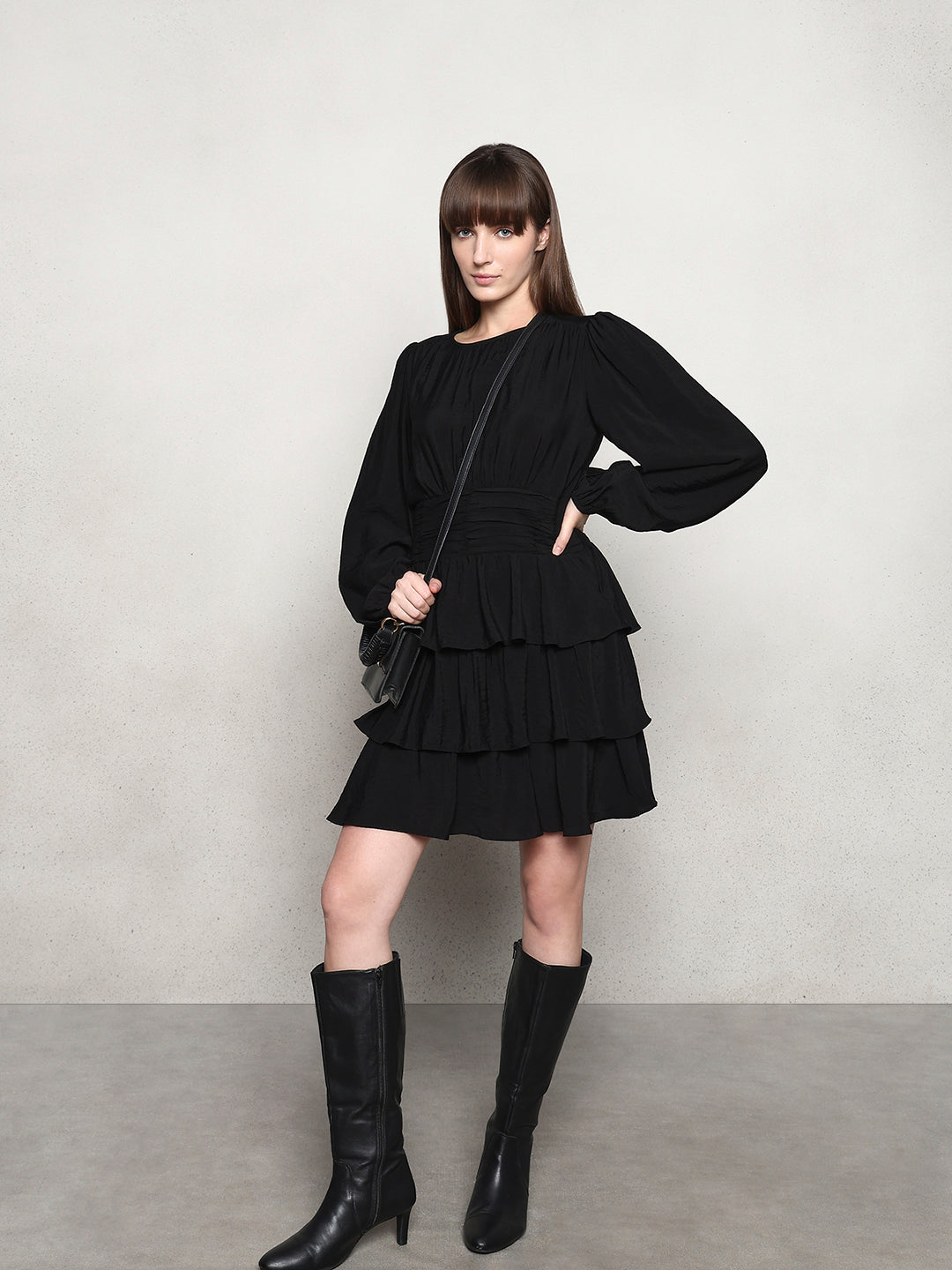 Puff Sleeves O-Neck Mini Dress