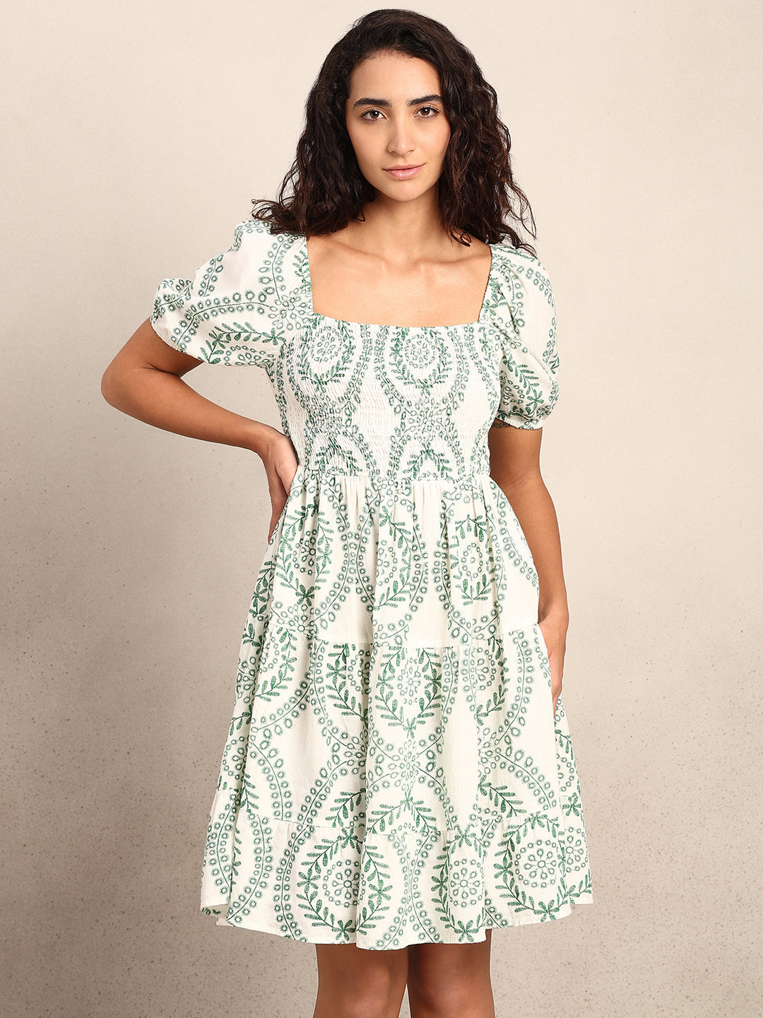 Smocked Organic Cotton Dress - Green