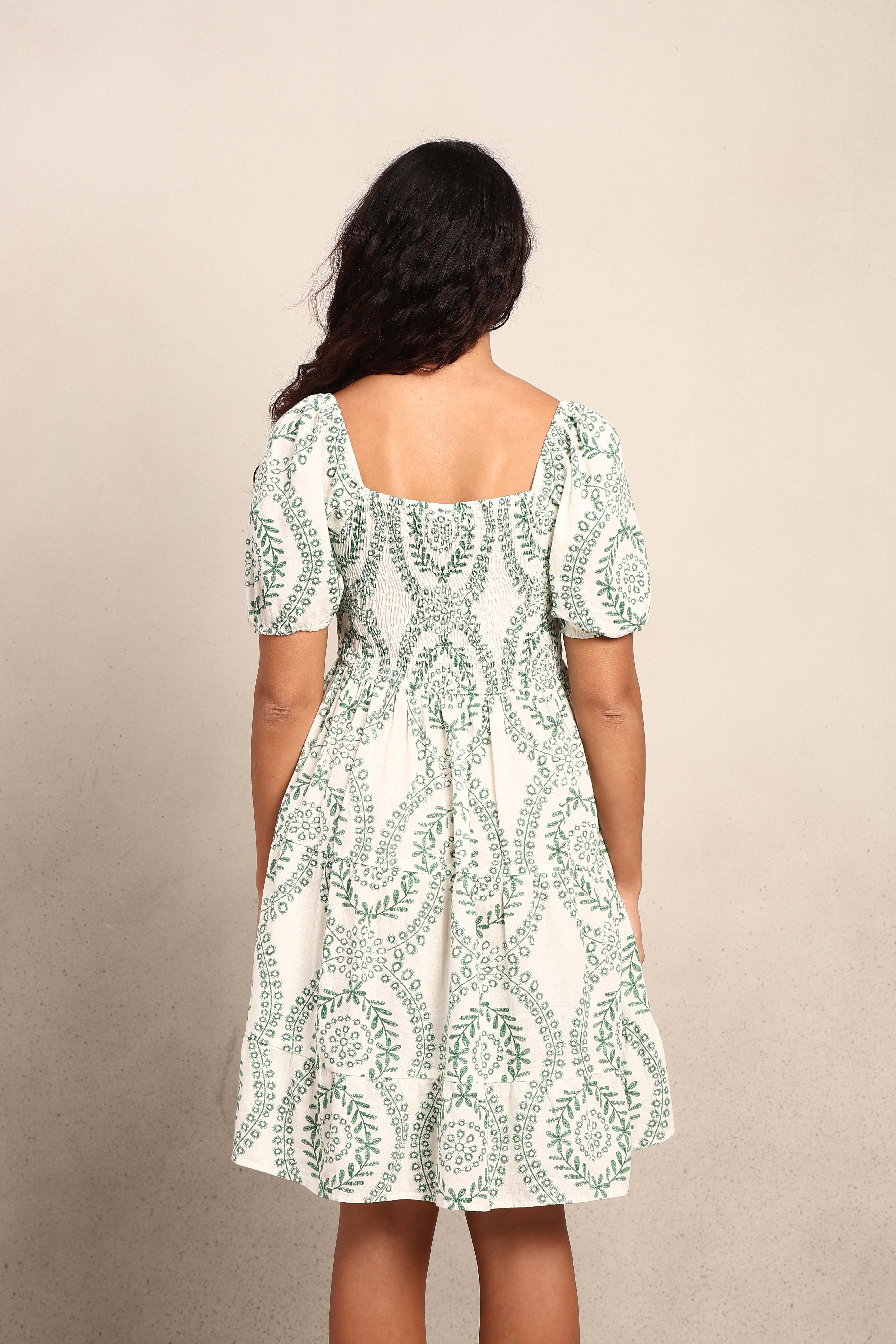 Smocked Organic Cotton Dress - Green