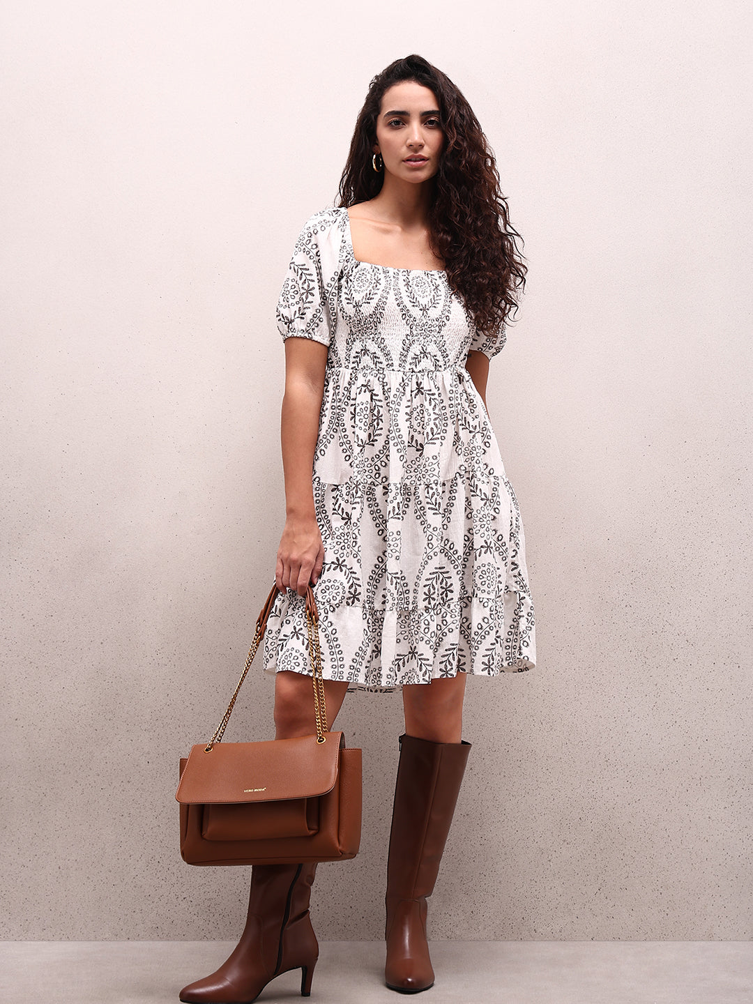 Smocked Organic Cotton Dress - Brown