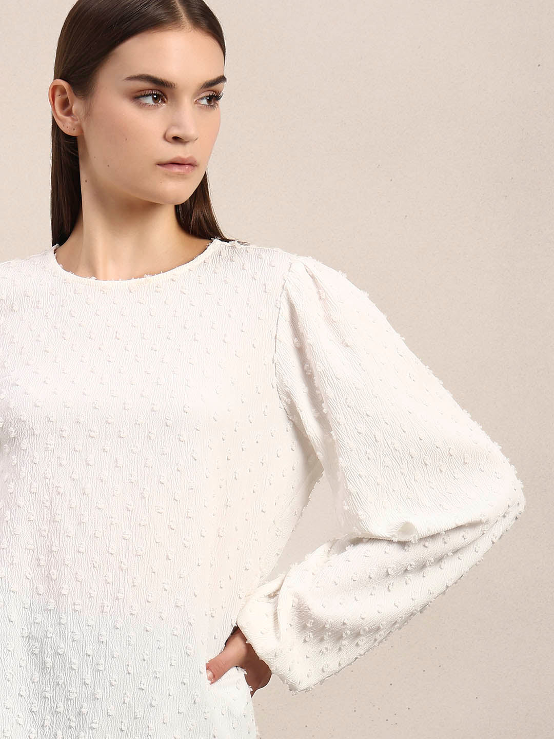White Textured O-Neck Top