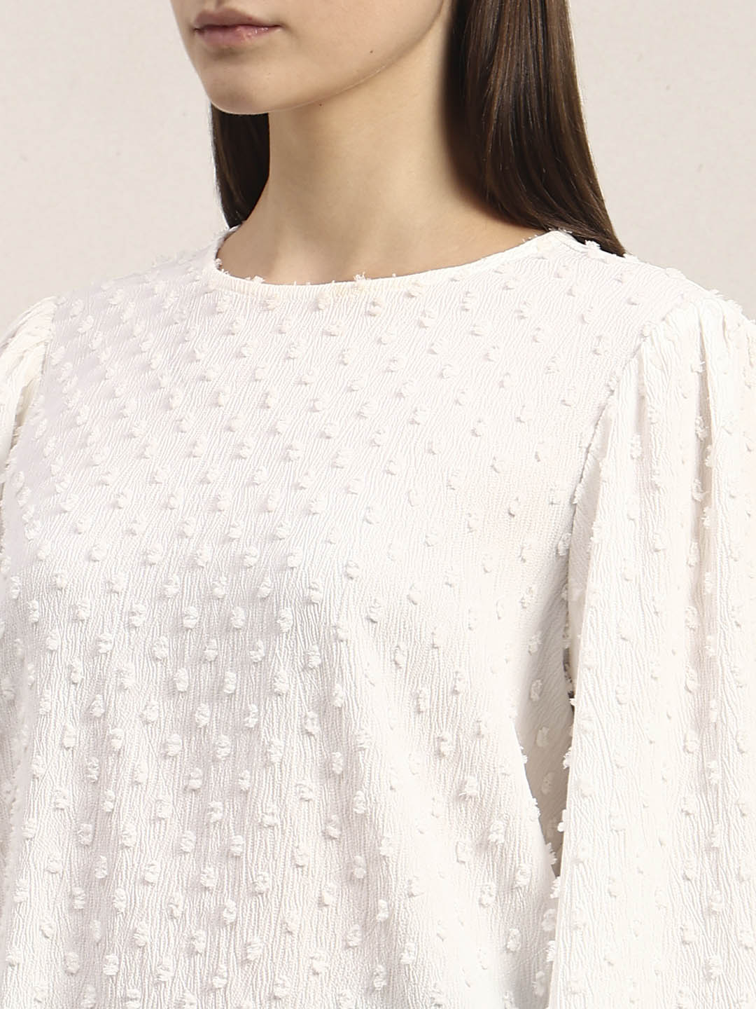 White Textured O-Neck Top