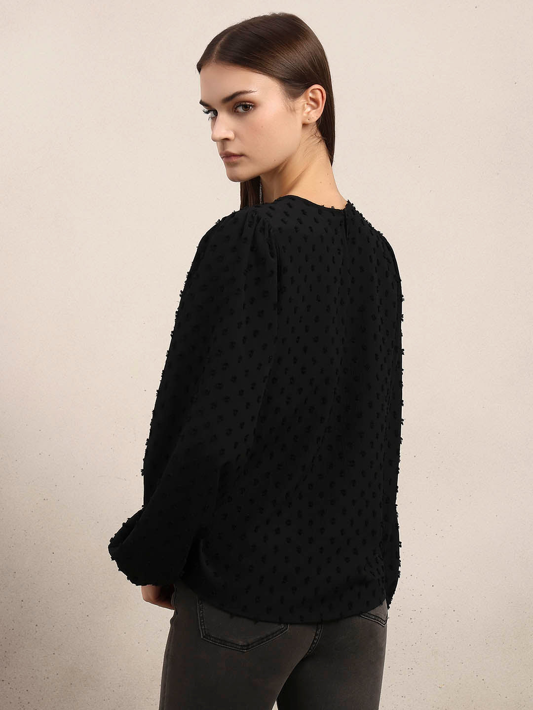 Black Textured O-Neck Top