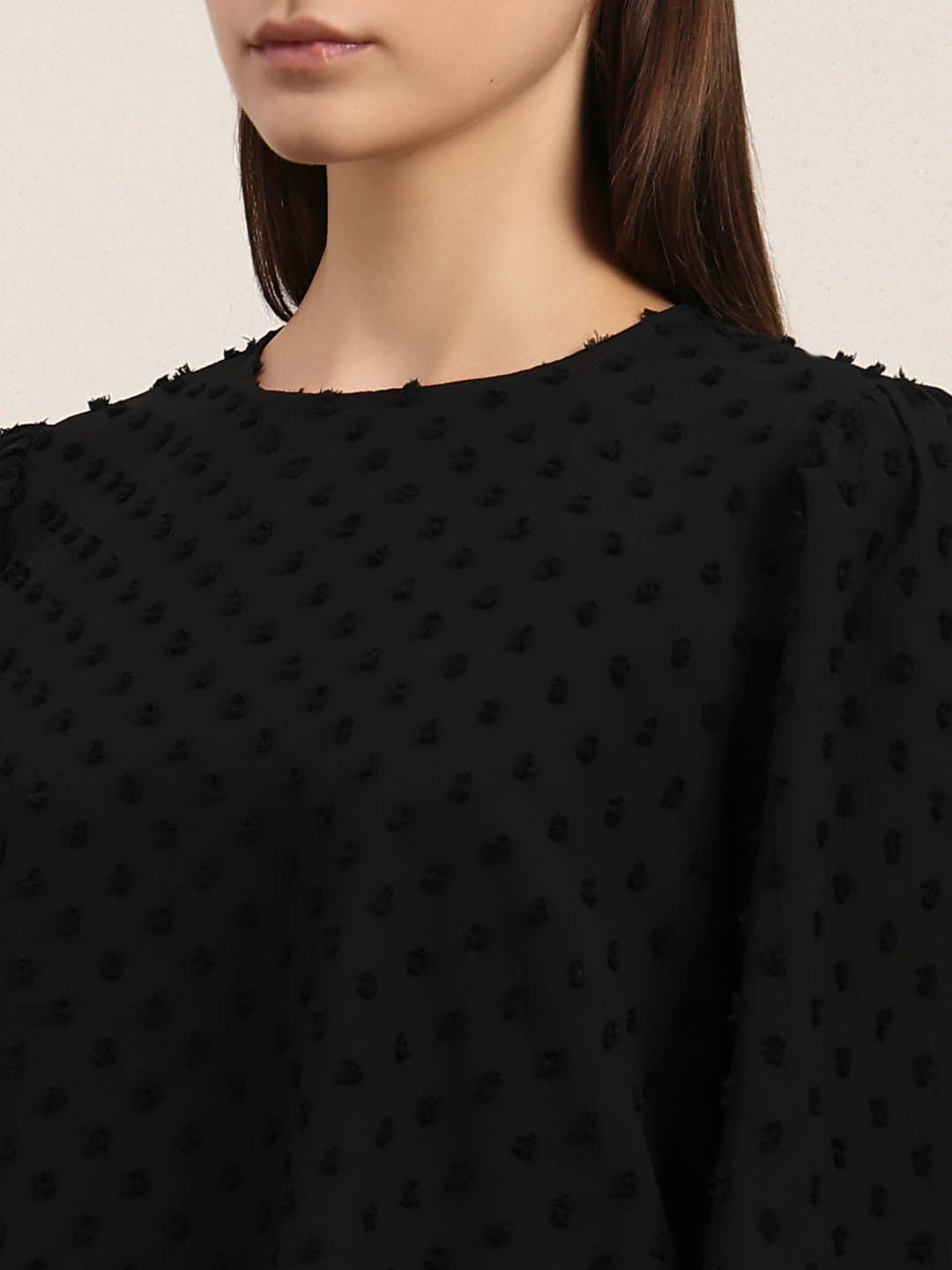 Black Textured O-Neck Top